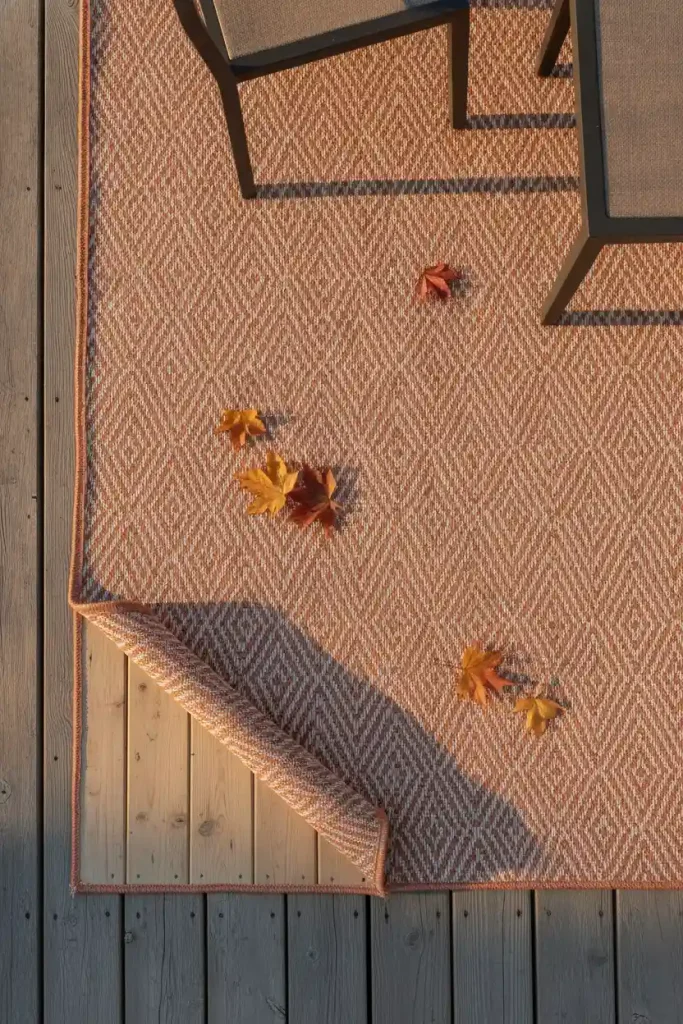 Fall deck ideas: flat weave outdoor rug folded back to show dry deck boards