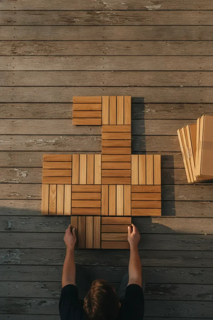 Fall deck ideas for renters: interlocking deck tiles clicked over weathered gray boards