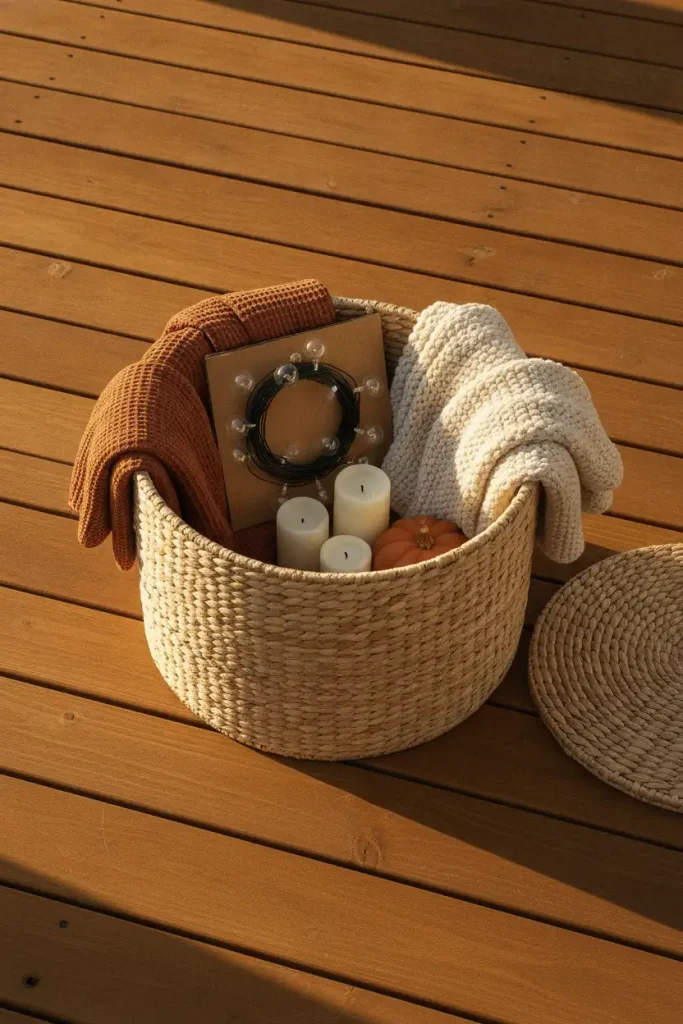 Fall deck ideas teardown: one labeled bin packed with throws, lights, and candles