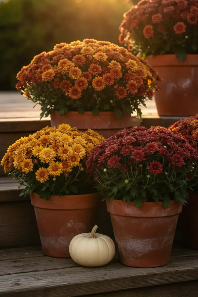 Fall deck ideas using potted garden mums grouped in threes on wooden deck steps