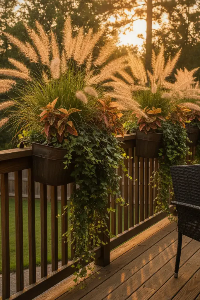 Fall deck ideas using saddle railing planters with grasses and trailing ivy along a rail