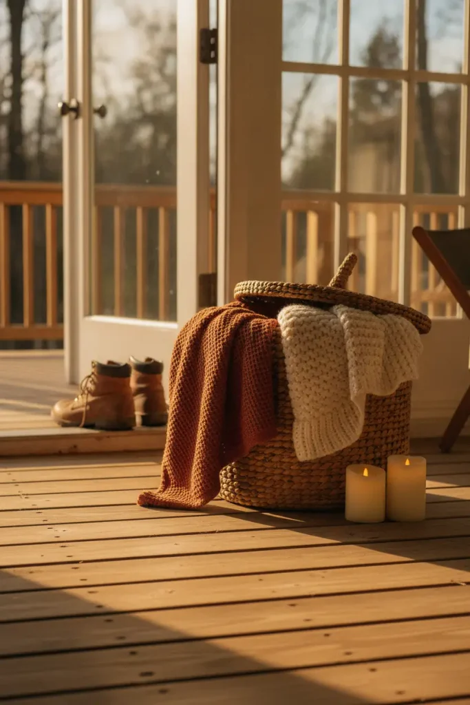 Fall deck ideas with a blanket basket of throws by the back door for cool evenings