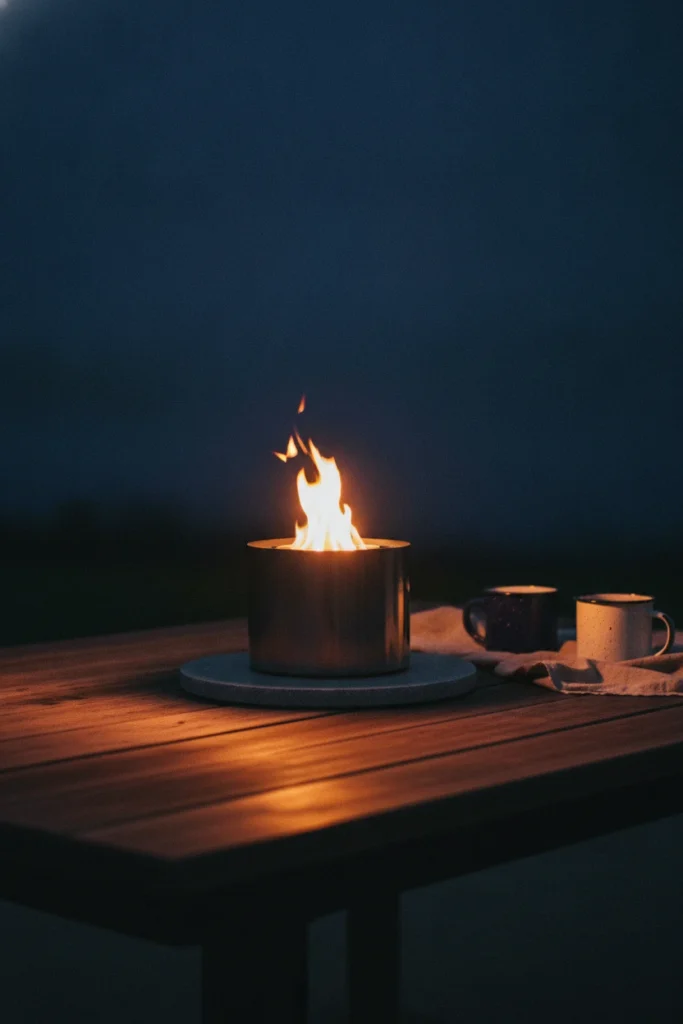 Fall deck ideas with a smokeless tabletop fire pit glowing on an outdoor table at dusk