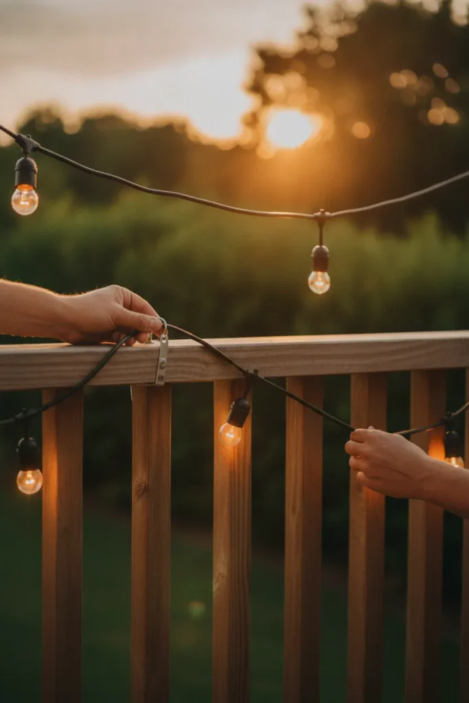 Fall deck ideas with café string lights clipped to a railing in a shallow drape