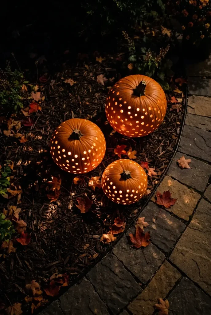 Fall fire pit lighting idea: drilled pumpkins glowing with LED tea lights on a mulched bed edge