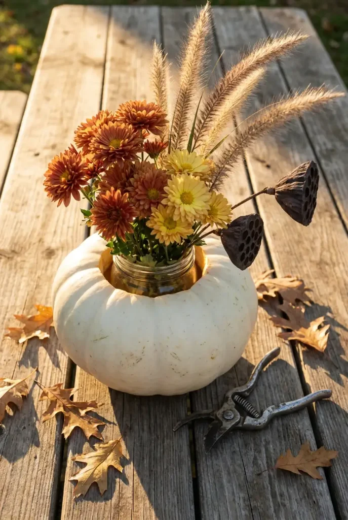 Fall flower decor idea using a white pumpkin as a vase with mums and grasses