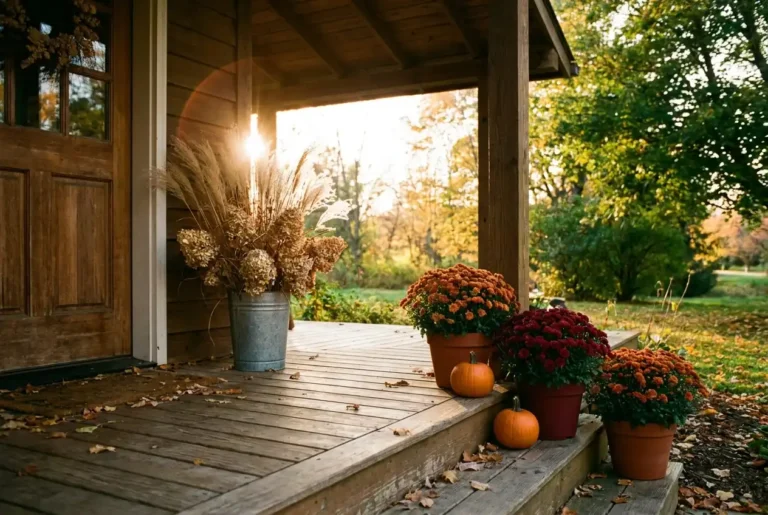 Fall flower decor ideas on a porch with mums, dried grasses and small pumpkins at sunset