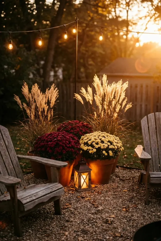 Fall flower decor lit at dusk with cafe bulbs and a lantern uplighting grasses