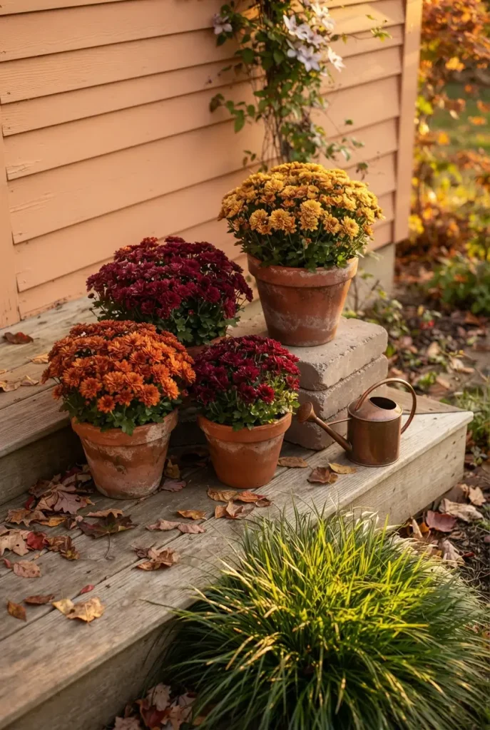 Fall garden mums clustered in three terracotta pots on a deck step