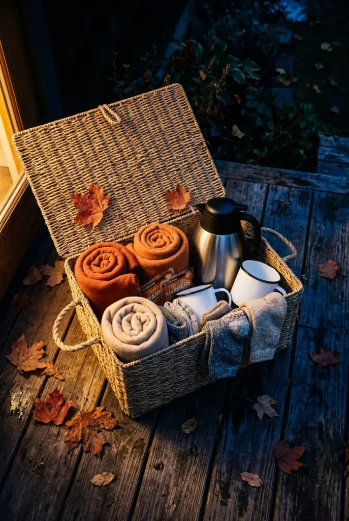 Fall outdoor movie night ideas warmth basket with fleece throws, carafe, and wool socks