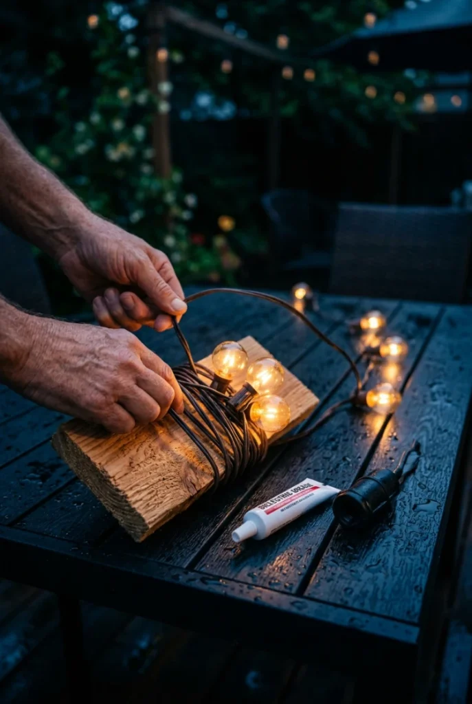 Fall patio lighting maintenance, coiling outdoor string lights before winter