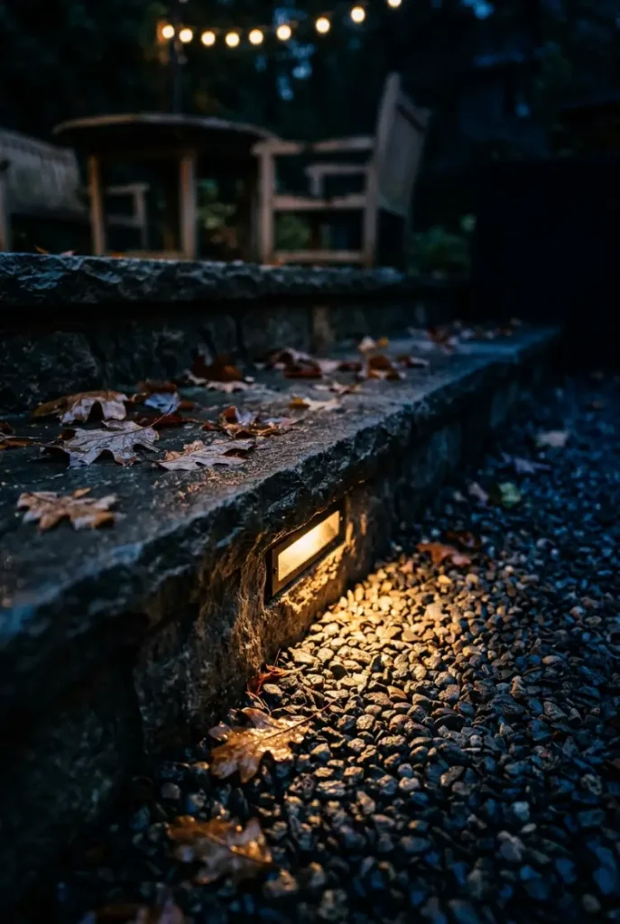 Fall patio lighting on a stone step edge for safe footing after dark