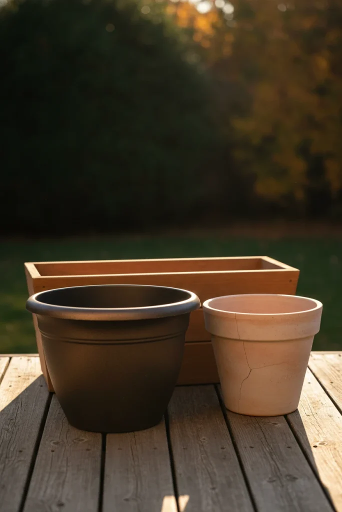 Fall planter ideas comparing resin, cedar and terracotta outdoor containers