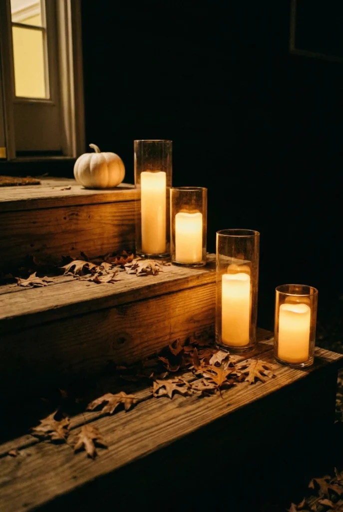 Fall porch lighting with glass hurricanes and flameless candles down wooden steps