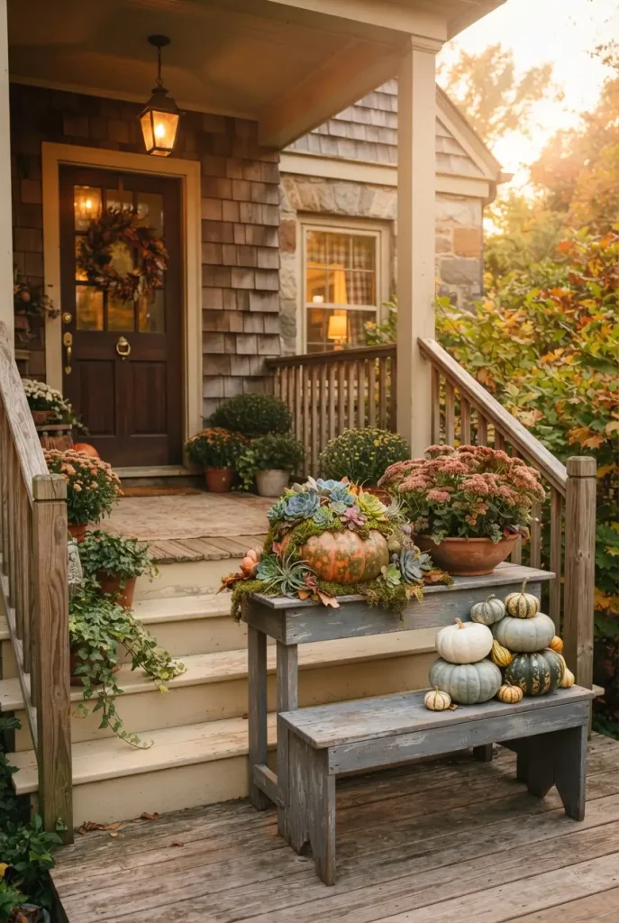 Fall succulent decor ideas on a front porch with a succulent topped pumpkin and sedum planter