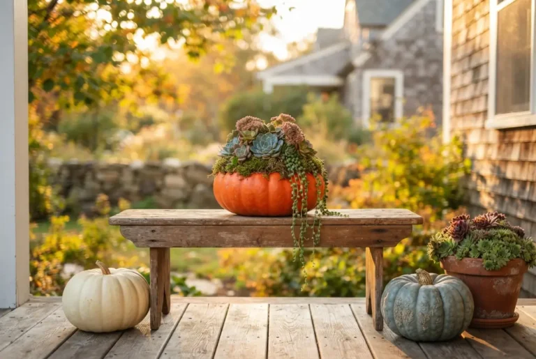 Fall succulent decor ideas with a moss topped Cinderella pumpkin and echeveria on a porch bench