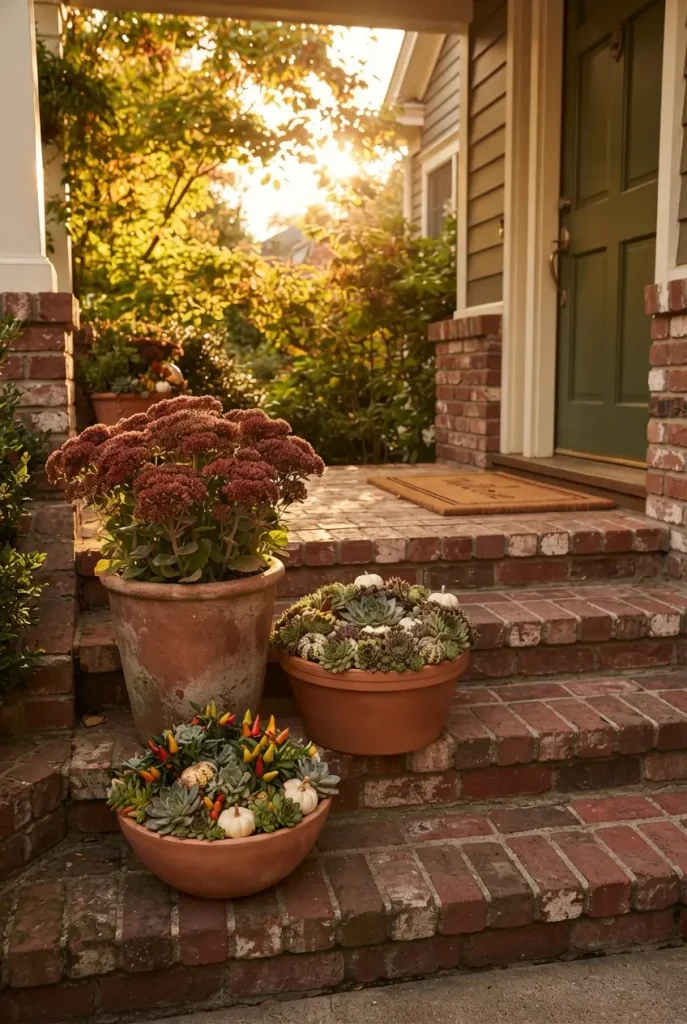 Fall succulent planter trio with Autumn Joy sedum and hens and chicks on porch steps