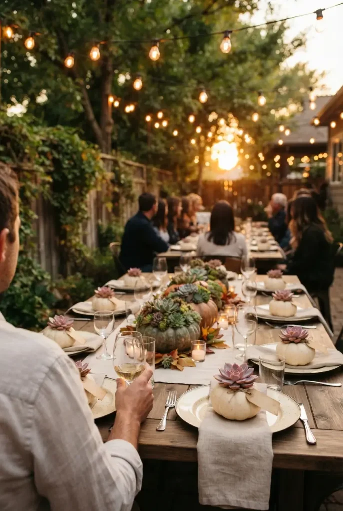 Fall succulent tablescape with mini pumpkin echeveria place settings on an outdoor table