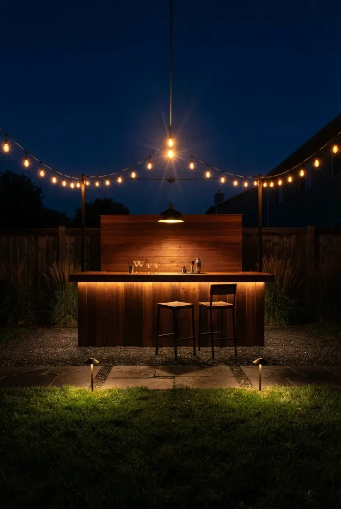 Finished backyard bar lighting at night with overhead, counter, and low layers all lit