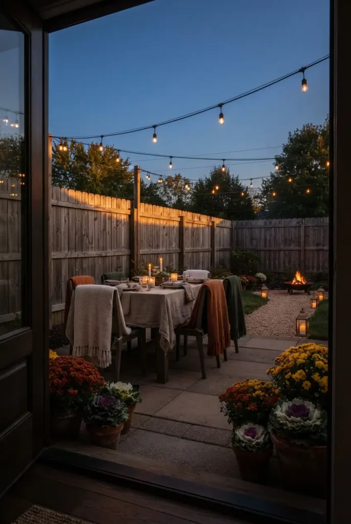 Finished cottage backyard at dusk with lit bulbs, fire pit and folded throws ready for guests