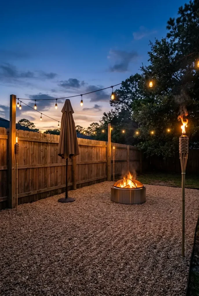 Fire pit area lighting with TIKI torches at the outer corners of a freshly raked gravel patio