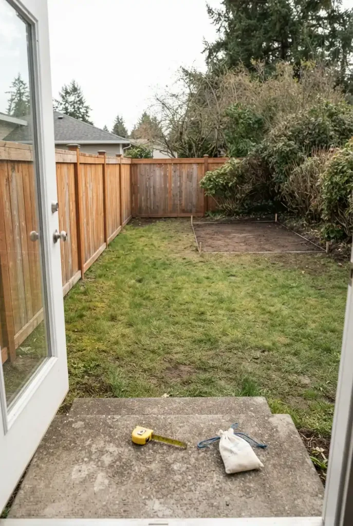 Fire pit clearance: small backyard showing 10 feet from house and fence