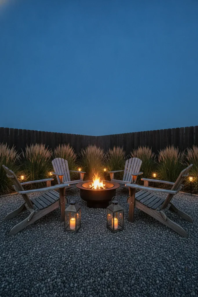 Fire pit corner lit at knee height with lanterns and solar stakes at blue hour