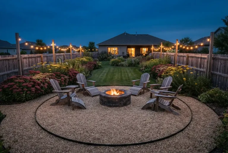Fire pit landscaping ideas with a pea gravel circle, Adirondack chairs, and sedum beds at blue hour
