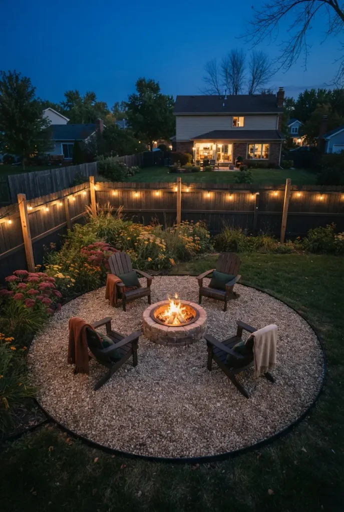 Fire pit landscaping ideas with a round pea gravel circle, Adirondack chairs, and sedum beds at dusk
