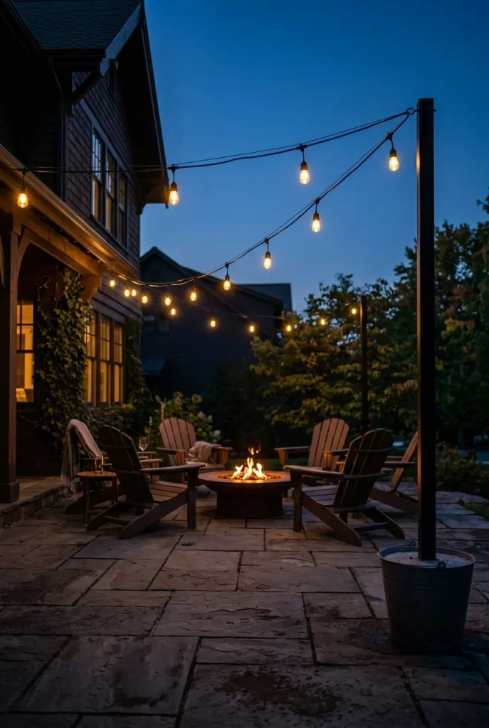 Fire pit lighting ideas: café string lights zigzagged around the seating, not over the flames