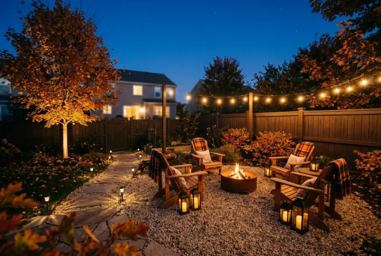 Fire pit lighting ideas for fall: string lights, lanterns, and an uplit maple around a gravel fire pit