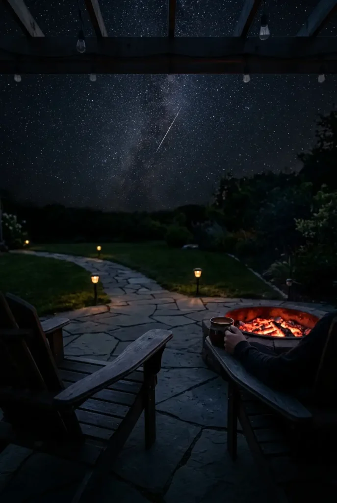 Fire pit lighting ideas for stargazing: embers, low path lights, and string lights switched off