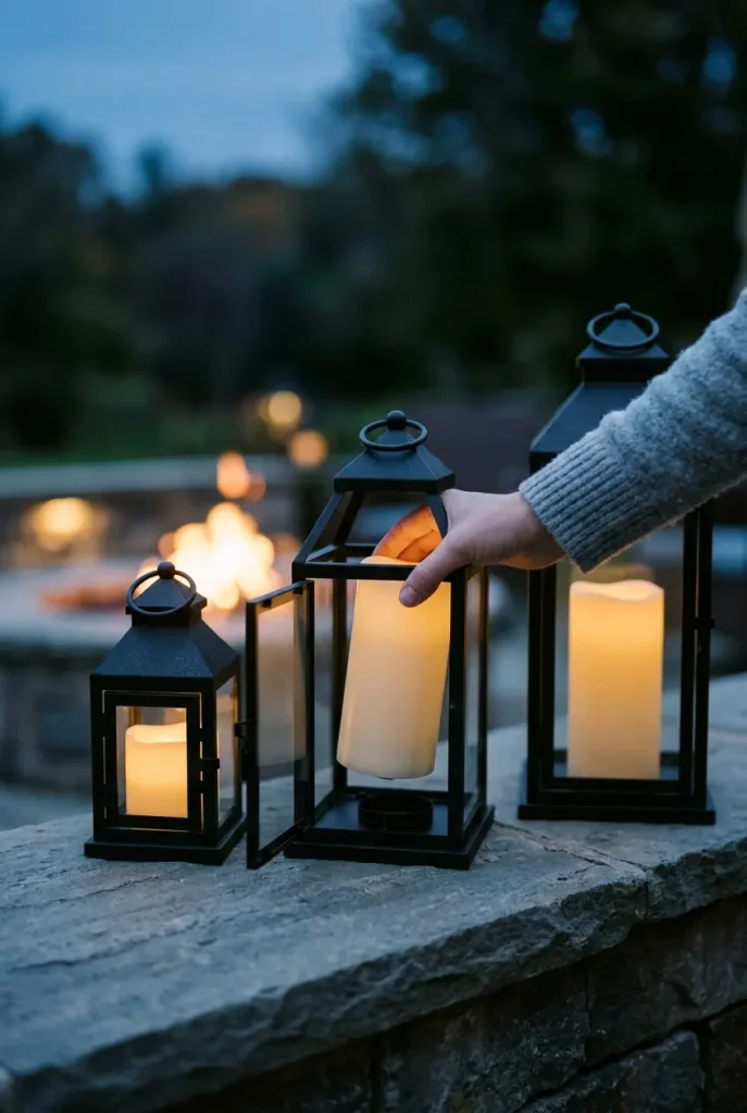 Fire pit lighting with flameless pillar candles in black metal lanterns on a stone seat ledge
