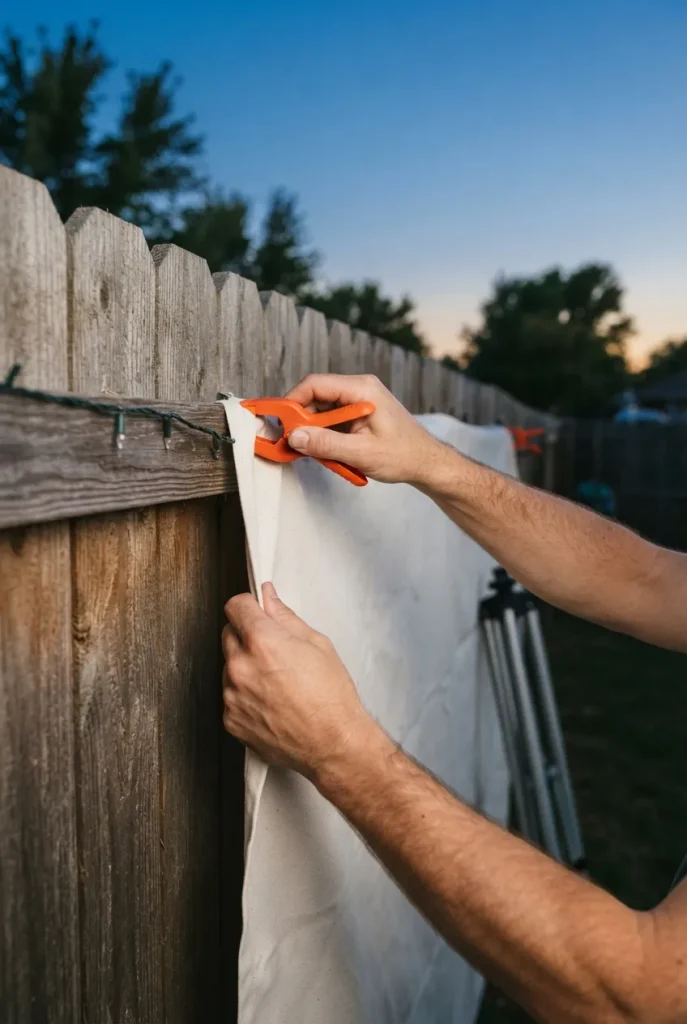 Fire pit movie night DIY screen: hands clamping a drop cloth to a cedar fence