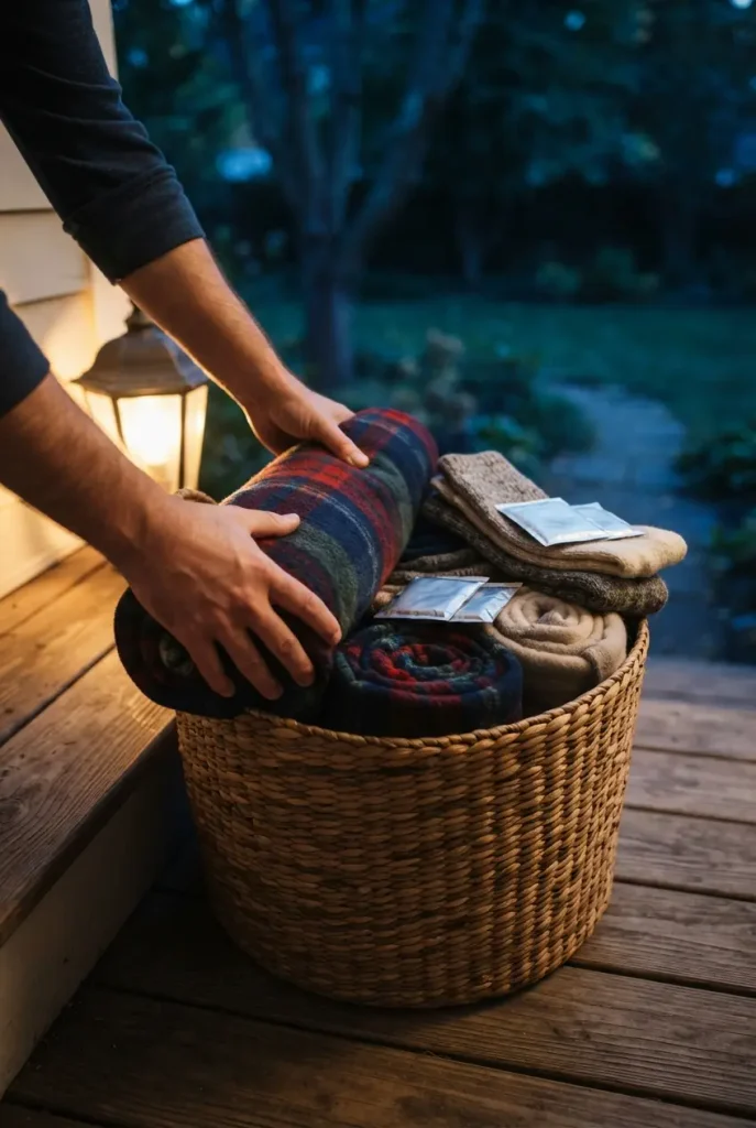 Fire pit movie night blanket basket with rolled fleece throws and wool socks