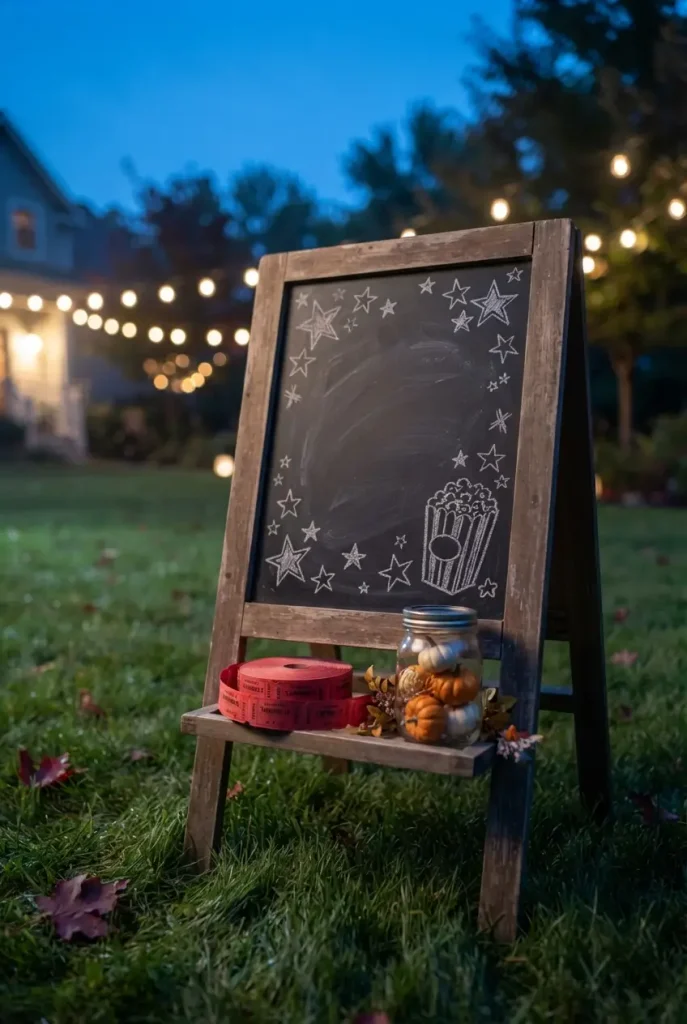 Fire pit movie night chalkboard easel with red carnival tickets for guests