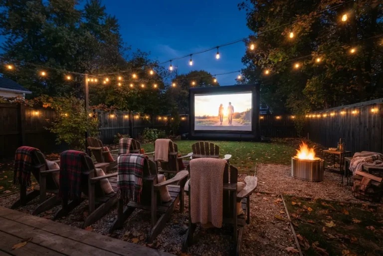 Fire pit movie night ideas: backyard screen, Adirondack chairs, and a low fire pit set off to the side at dusk