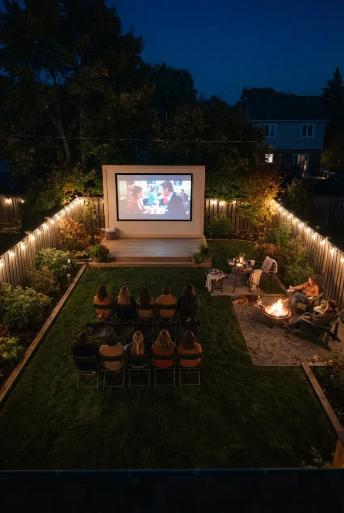 Fire pit movie night ideas layout: fire pit set beside the chairs, not between the seats and the screen