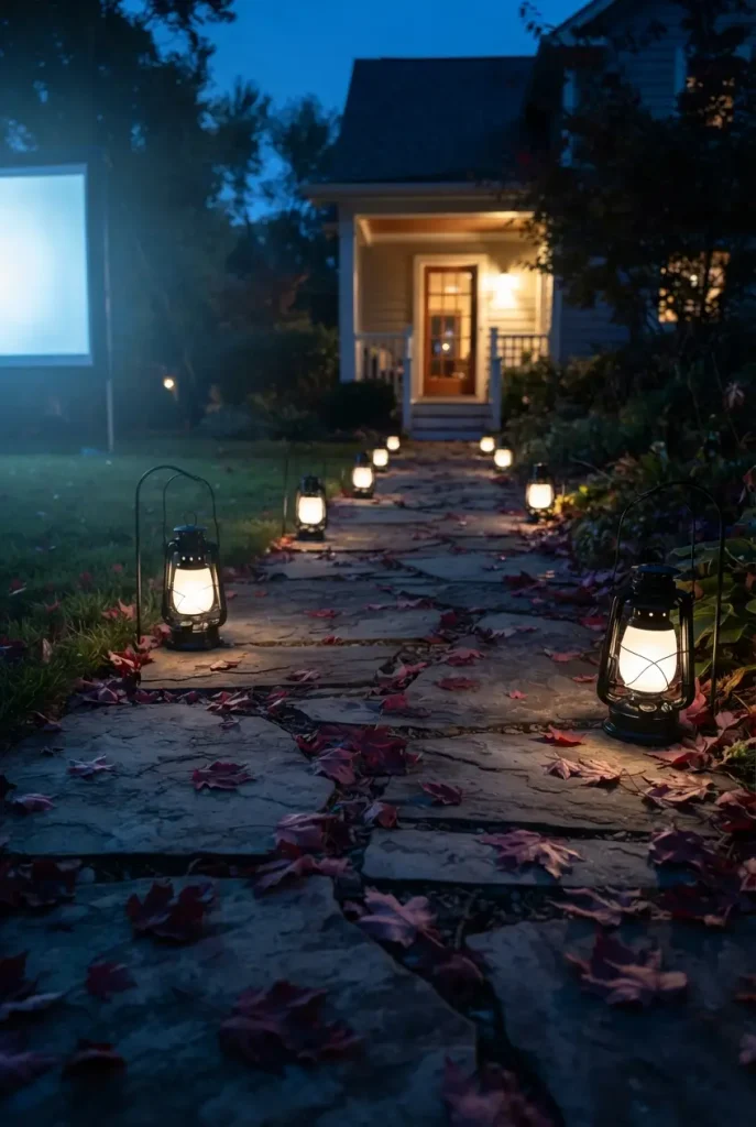 Fire pit movie night lantern path lighting the way to the back door
