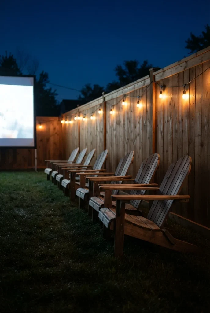 Fire pit movie night lighting: dimmed café string lights behind the seats, screen glowing at the edge