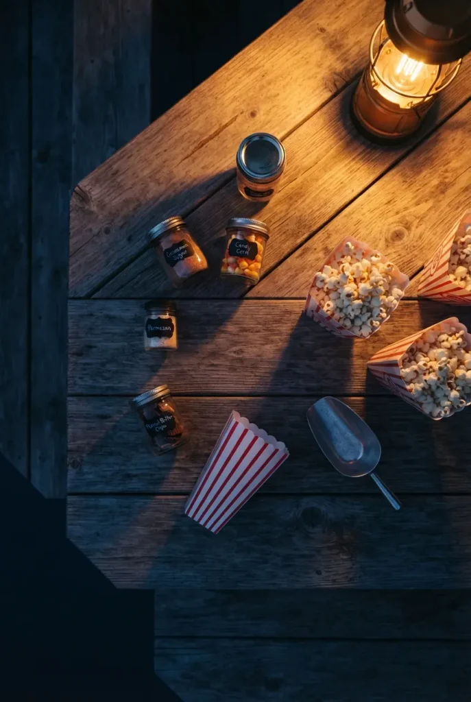 Fire pit movie night popcorn bar with striped tubs and topping jars
