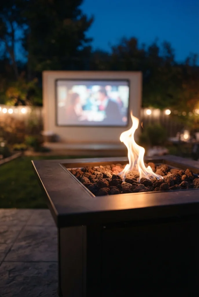 Fire pit movie night propane table with a low flame and the screen glowing behind it