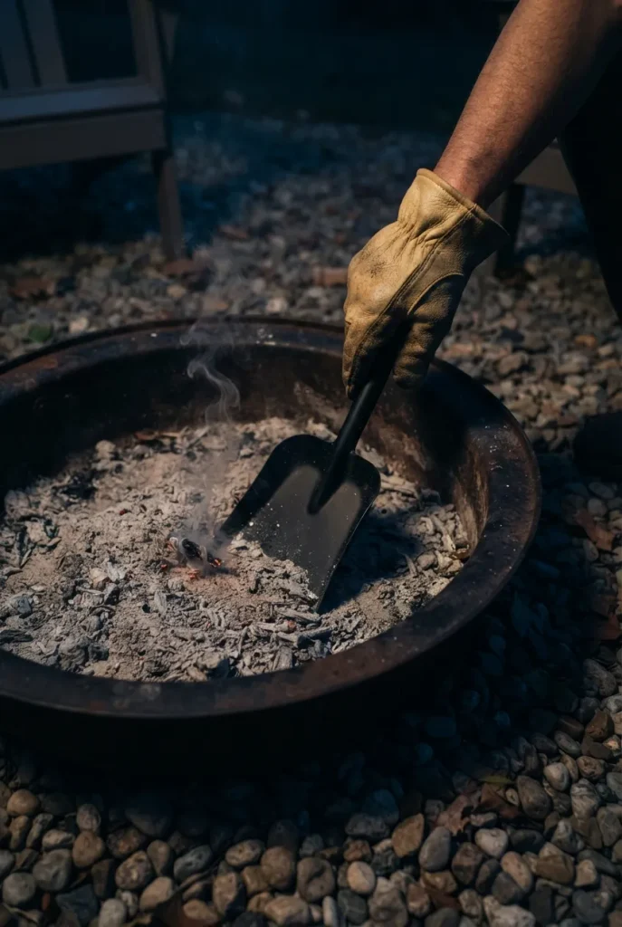 Fire pit movie night shutdown: stirring cooled embers in a steel fire pit
