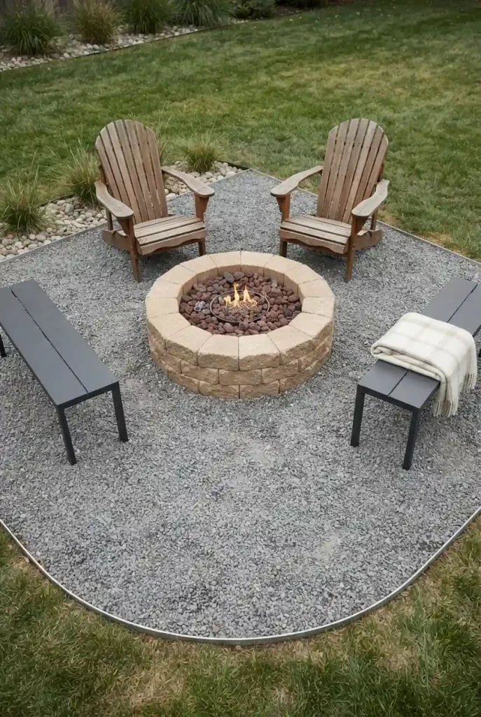 Fire pit seating area small yard: four seats spaced around a block fire pit