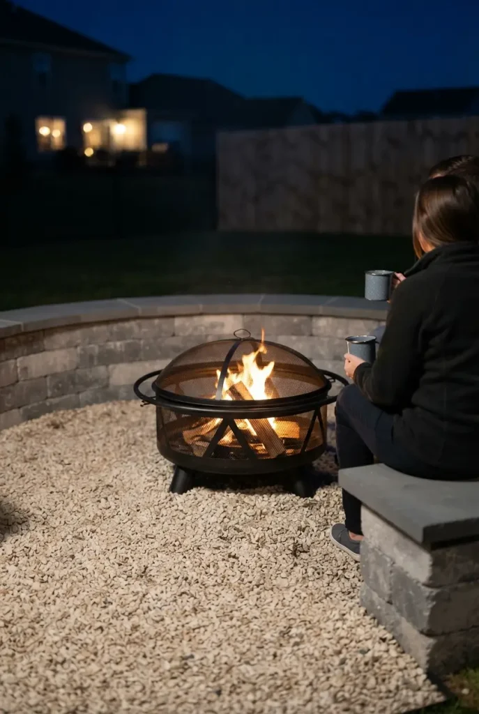 Fire pit seating area with a curved stone seat wall set back from a screened wood fire at night