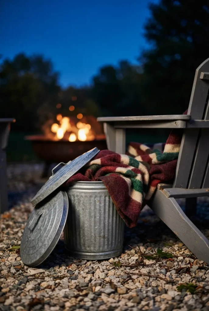 Fire pit seating ideas: a galvanized bin of wool blankets beside a chair at dusk