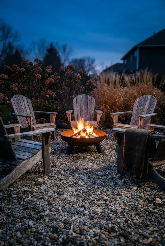 Fire pit seating ideas: five Adirondack chairs in an open ring around a lit fire pit