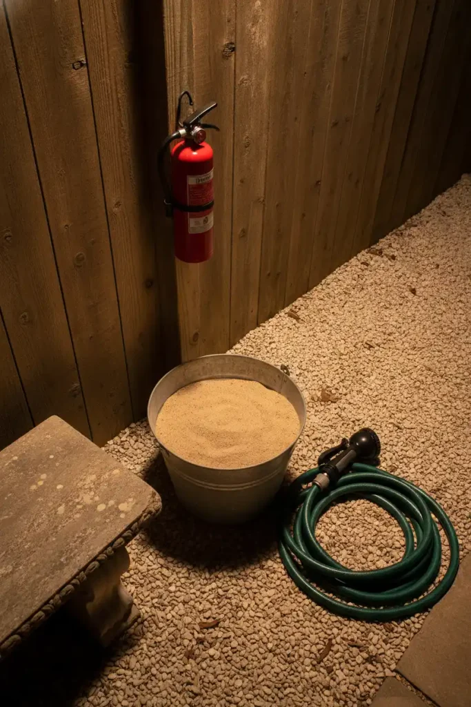Fire pit shut-down station with sand bucket, hose, and extinguisher by a backyard corner post