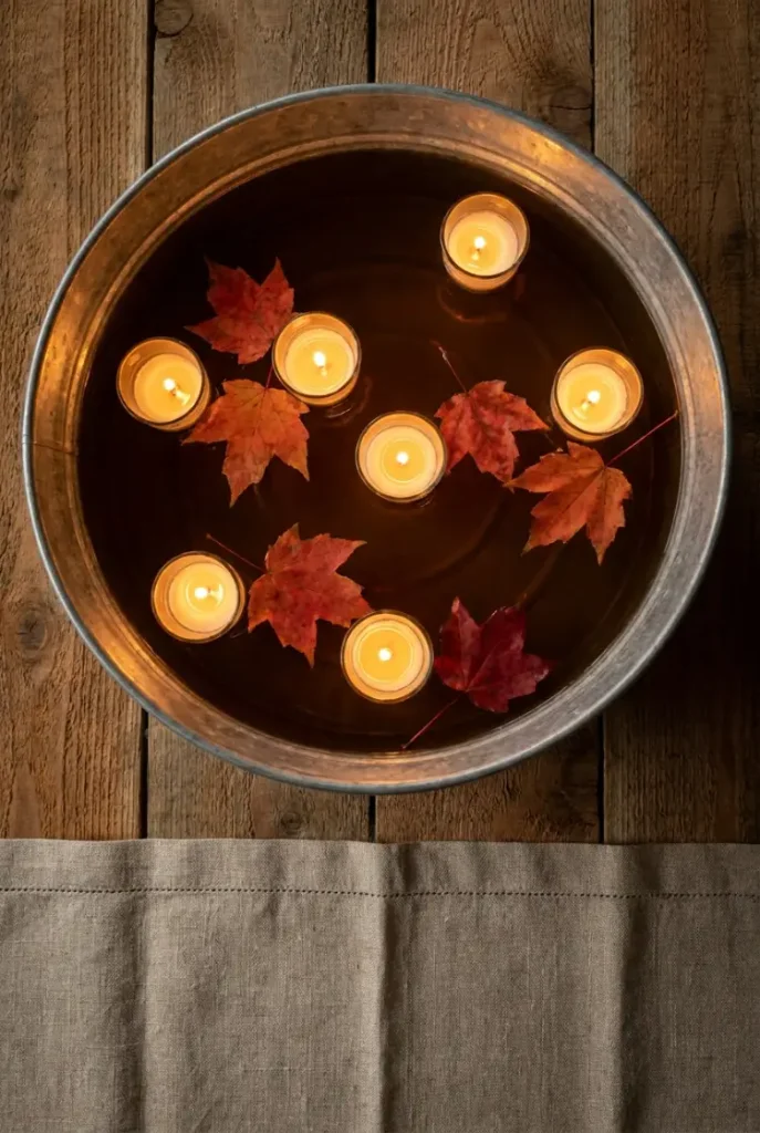 Floating candles and maple leaves in a galvanized tub for cozy fall outdoor lighting