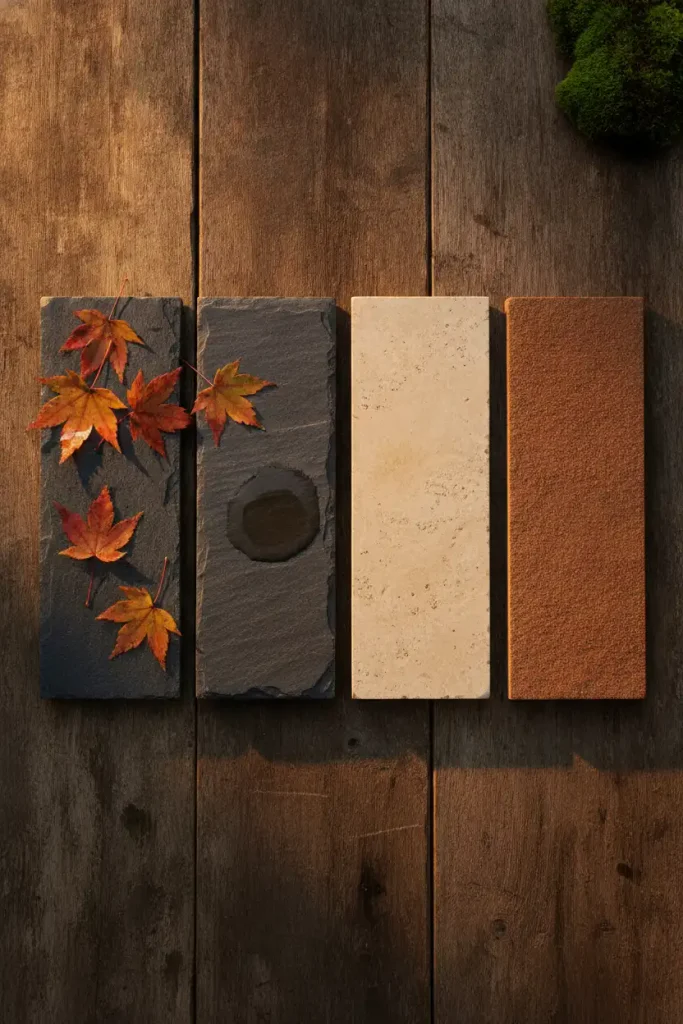 Four stone types with wet fall leaves, comparing options for cozy backyard ideas with stone